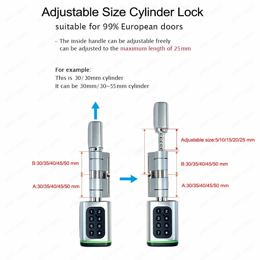 Tuya BLE TTLock Phone APP IC Card Codes Password Equidistant 30-50MM EU Standard Cylinder Digital Electronic Smart Lock with Key