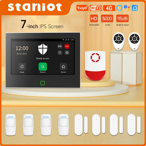 Staniot 7 inch hd Alarmsystem drahtloses wifi 4g Tuya smart home sicherheits schutzfunktioniert mit Alexa google app Fernbedienung, eingebaute Sirene 115db &amp; 5000mAh Batterie