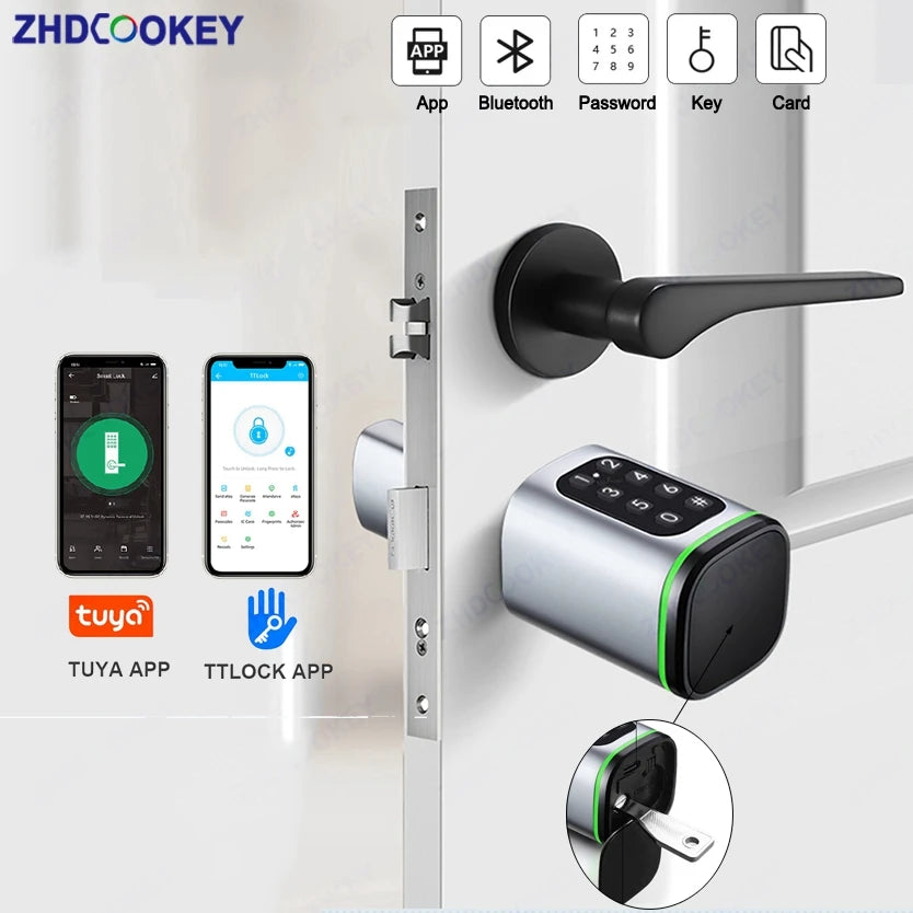 Tuya BLE TTLock Phone APP IC Card Codes Password Equidistant 30-50MM EU Standard Cylinder Digital Electronic Smart Lock with Key