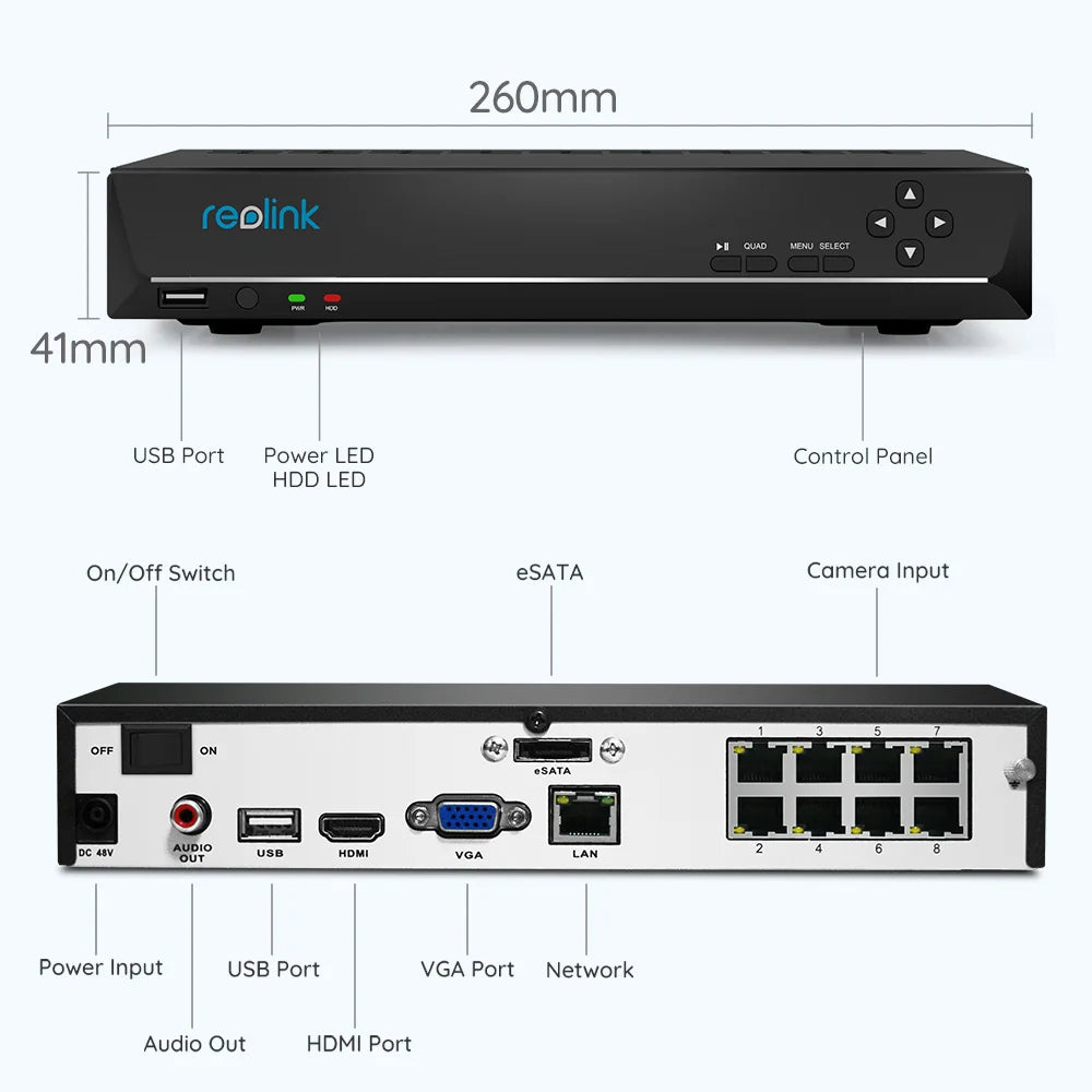 RReolink 4K 8CH NVR mit Menschen-/Autoerkennung für 4MP/5MP IP-Sicherheitskamera, 24/7 H.265-Videorecorder, 12MP-Überwachungskit RLN8-410