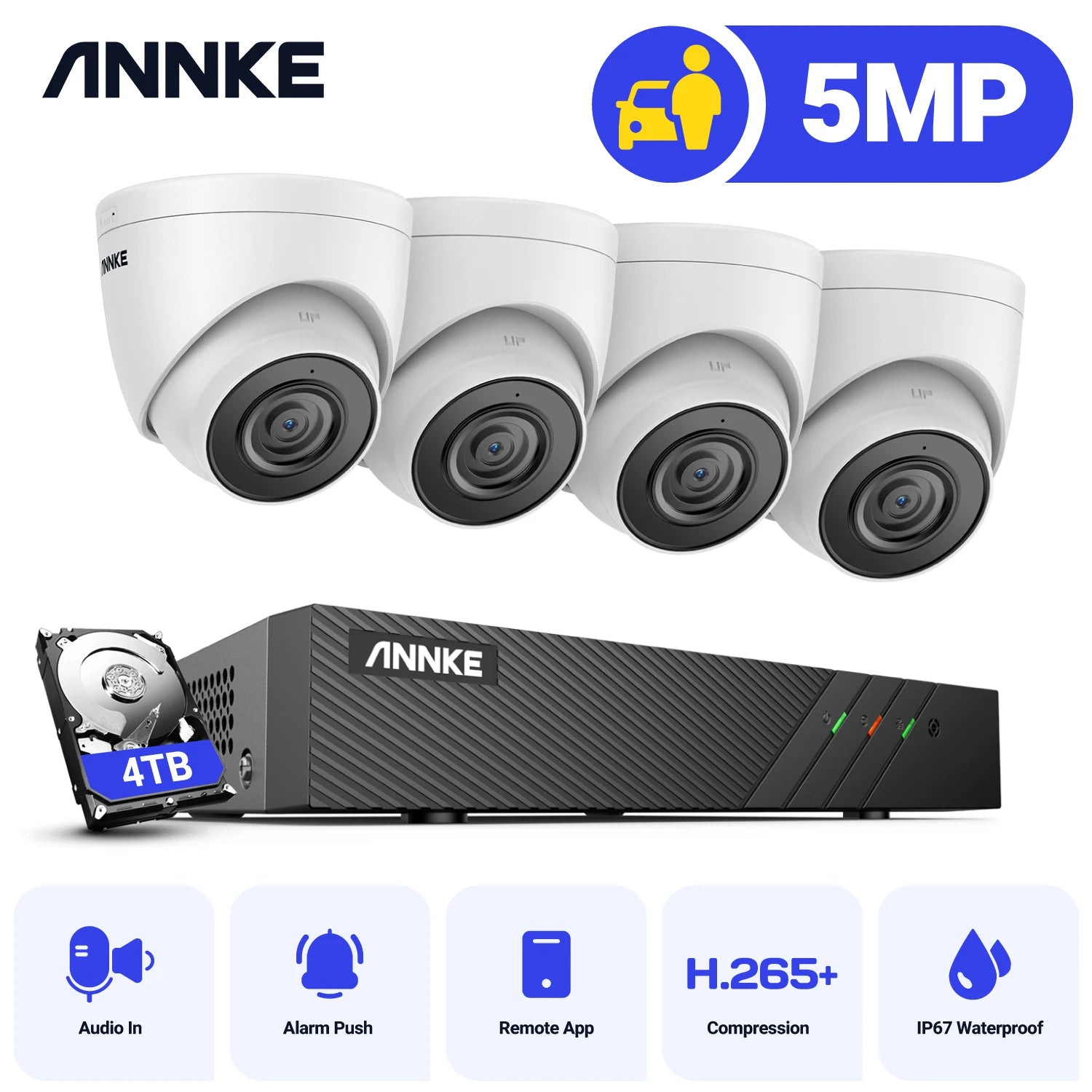 ANNKE 5MP H.265+ Super HD PoE IP Network Video Security System 4pcs Waterproof Outdoor POE IP Cameras White Dome PoE Camera Kit